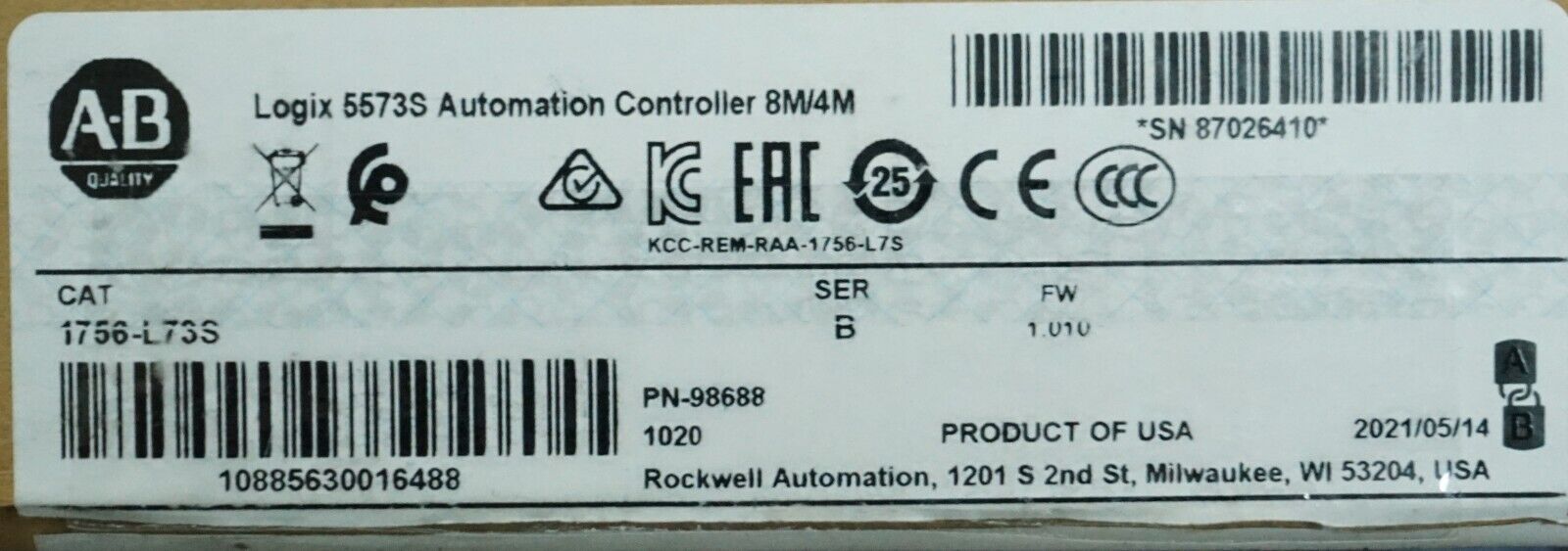 Allen Bradley 1756-L62S/B and 1756-LSP/B GuardLogix Processor FRN:1.9