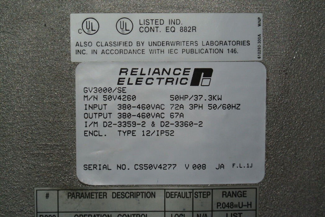 RELIANCE ELECTRIC GV3000/SE 50 HP 50V4260 VER. 6.06 AC DRIVE INVERTER TESTED OK