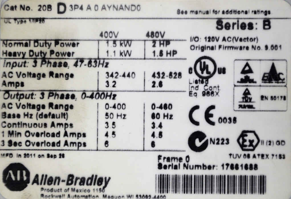 Allen-Bradley PowerFlex 700 2 HP 20BD3P4A0AYNAND0 480 VAC FRN 9.001~ 1000 Hours