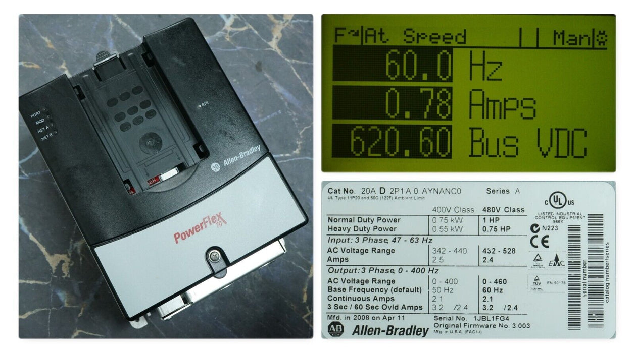 Allen-Bradley PowerFlex 70 1 HP 20AD2P1A0AYNANC0 480 VAC FRN:3.003 Tested Good