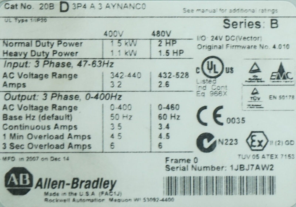 Allen Bradley PowerFlex 700 2HP 20BD3P4A3AYNANC0 480VAC Tested FRN:4.010