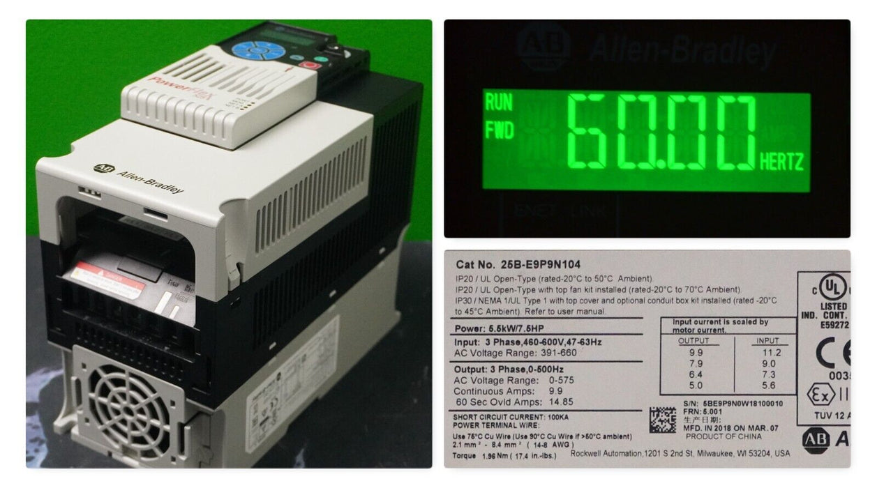 Zero Hr Allen-Bradley 25B-E9P9N104 PowerFlex 525 7.5HP AC Drive Tested Good