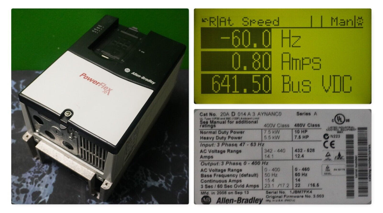 Low Hr Allen Bradley PowerFlex 70 20AD014A3AYNANC0 Series A 480V 10HP FRN:3.003