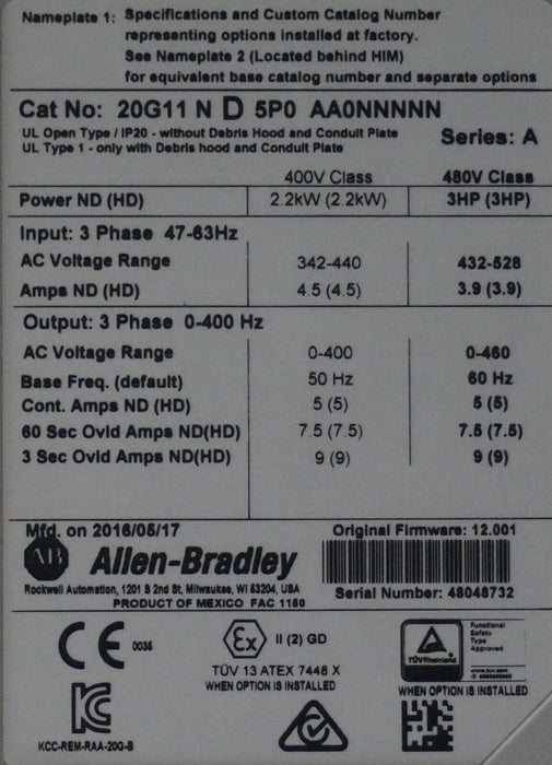 Parts Allen Bradley 20G11ND5P0AA0NNNNN PowerFlex 755 VFD 3HP Series A FRN:12.001