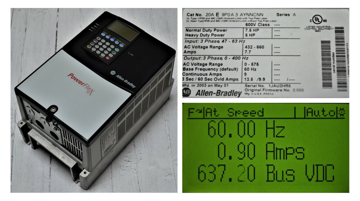 Allen-Bradley PowerFlex 70 7.5 HP 20AE9P0A3AYNNCNN 600V 2.005 Clean Tested Good