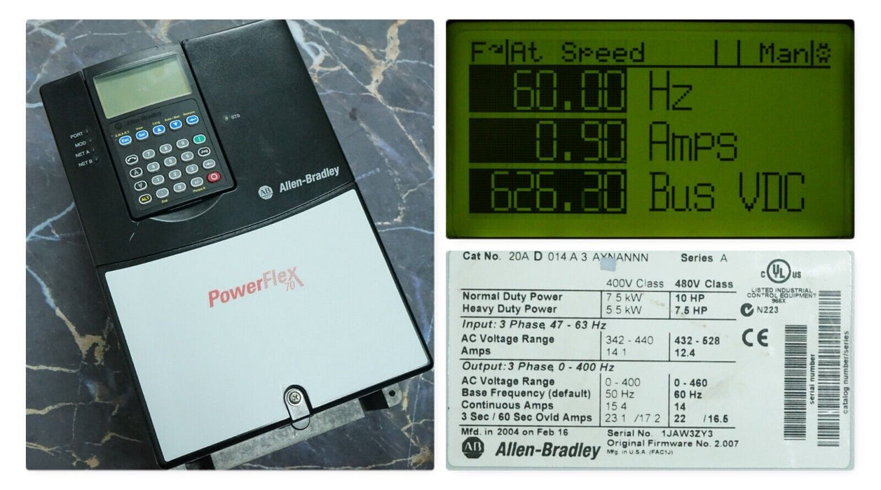 Allen-Bradley PowerFlex 70 10 HP 20AD014A3AYNANNN Series A FRN:2.007 Tested Good