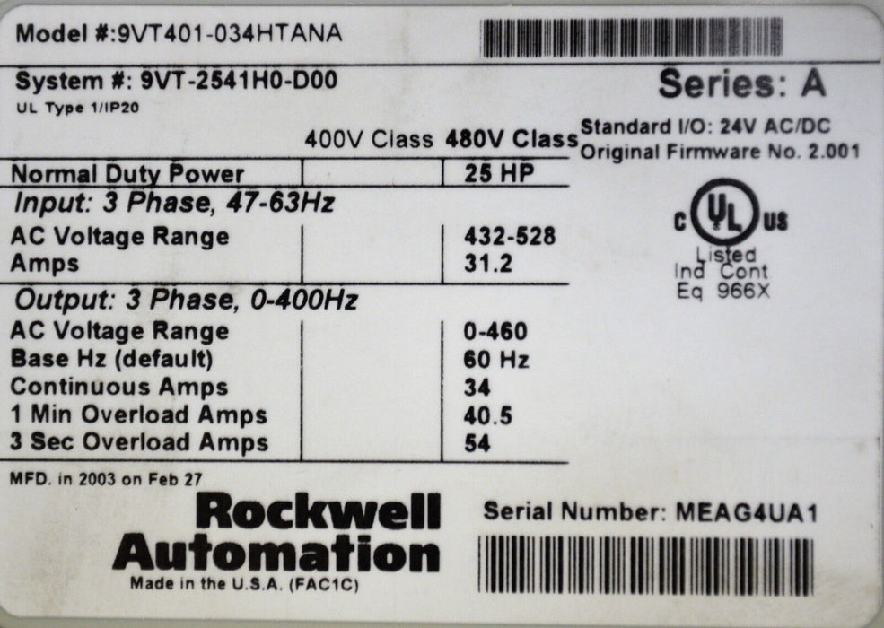 Rockwell-Automation 9VT401-034HTANA 25 HP AC HVAC Drive 480 VTAC 9 FRM: 2.001