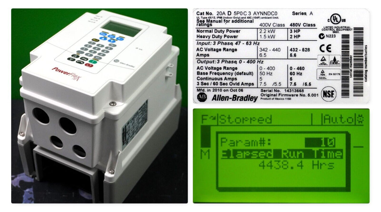 Low Hour Allen-Bradley PowerFlex 70 3 HP 20AD5P0C3AYNNDC0 Tested Good FRN:5.001