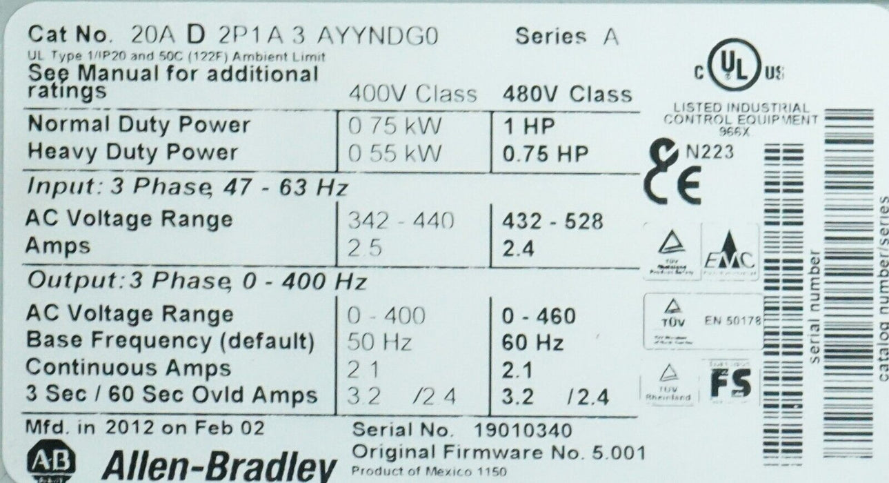 Low Hours Allen-Bradley 20AD2P1A3AYYNDG0 PowerFlex70 1HP 480VAC FRN:5.001 Tested