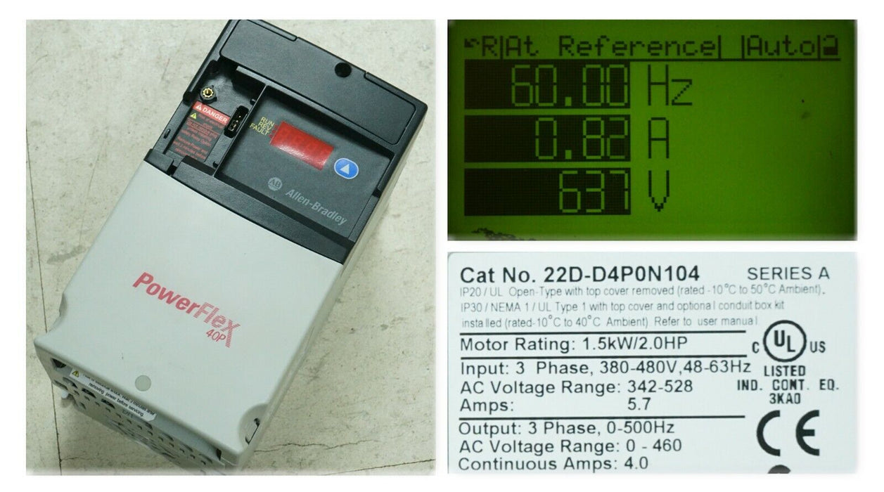 Zero Hours 22D-D4P0N104 Allen Bradley Power Flex 40P Drive 2 HP Ser. A FRN:2.01