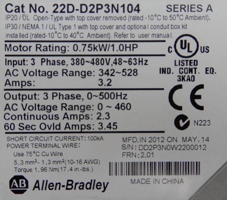 2012 Allen Bradley 22D-D2P3N104 PowerFlex40P Firmware 2.01 Series A Tested Good