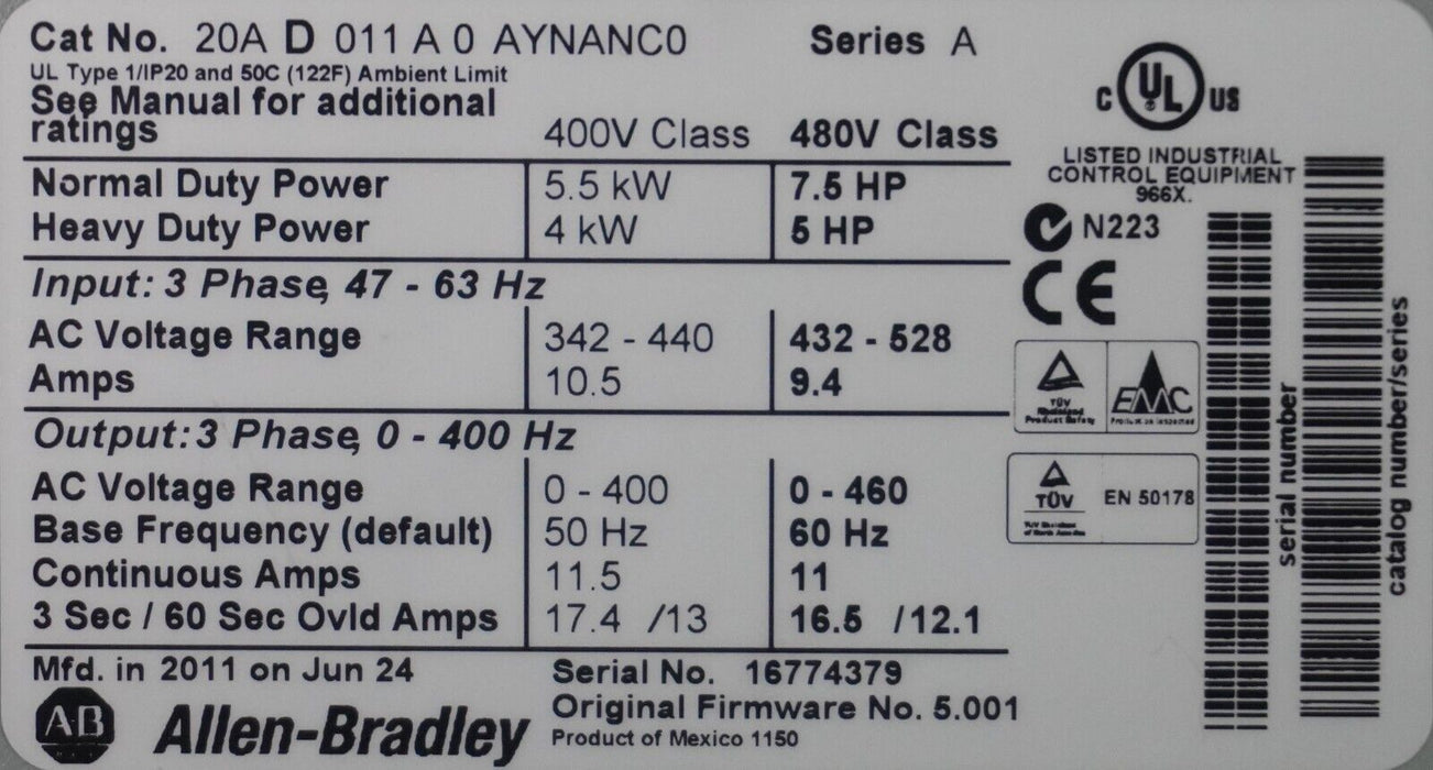 Low Hr Allen Bradley PowerFlex 70 7.5HP 20AD011A0AYNANC0 480VAC Tested FRN:5.001