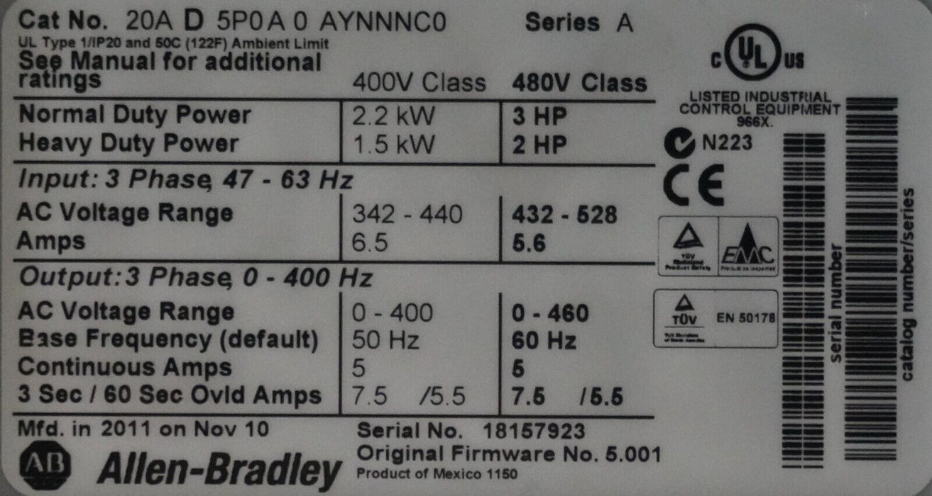 Allen-Bradley PowerFlex 70 3 HP 20AD5P0A0AYNNNC0 480 VAC Clean Tested FRN:5.001