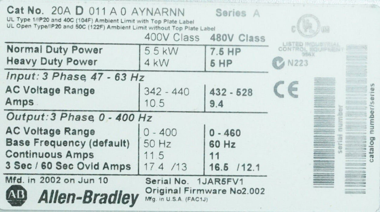 New Allen-Bradley PowerFlex 70 7.5 HP 20AD011A0AYNARNN 480 VAC FRN:2.002