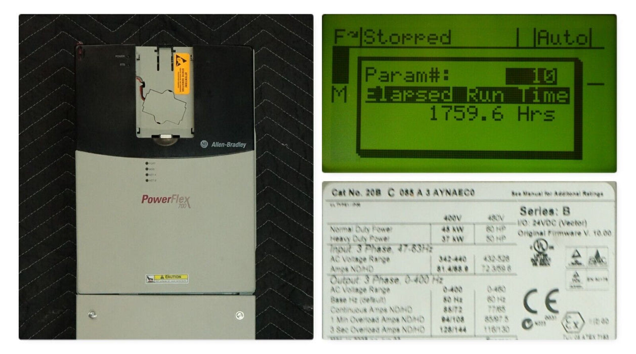 Low-Hours Allen-Bradley PowerFlex 700 60 HP 20BC085A0AYNANC0 Series B FRN:10.002