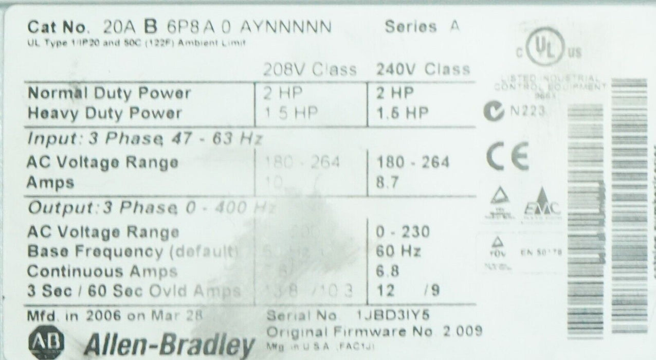 Allen-Bradley PowerFlex 70 2HP 20AB6P8A0AYNNNNN FRN:2.009