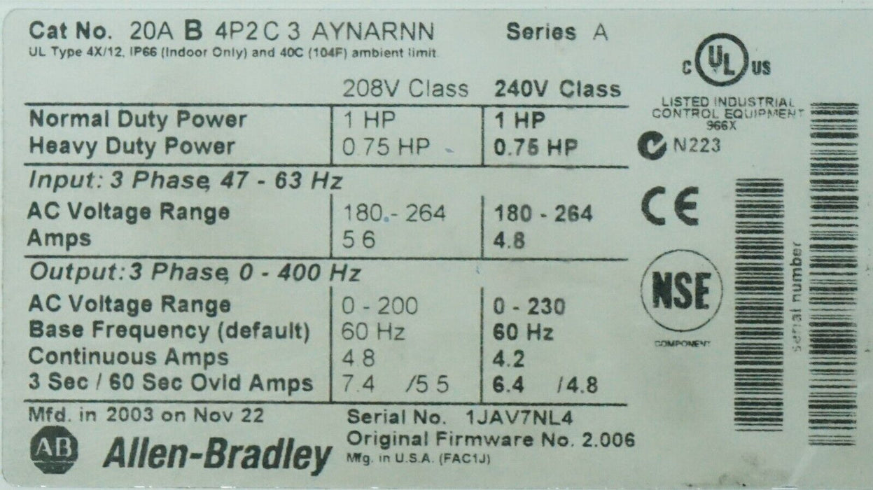 Allen-Bradley PowerFlex 70 1 HP 20AB4P2C3AYNARNN Tested Good FRN:2.006