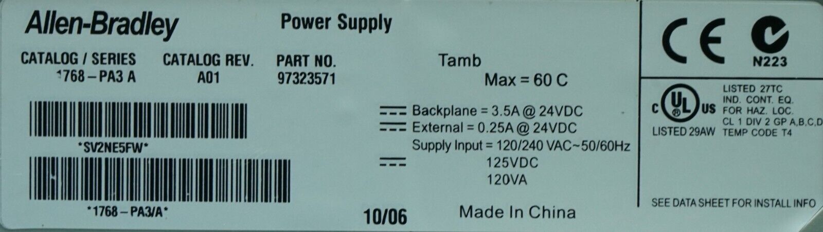 Allen Bradley 1768-PA3/A CompactLogix Power Supply Tested Good