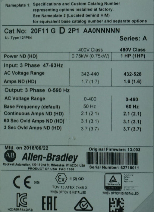 Allen-Bradley PowerFlex753 20F11G2P1AA0NNNNN 1HP Ser. A FRN:13.003 Tested Good