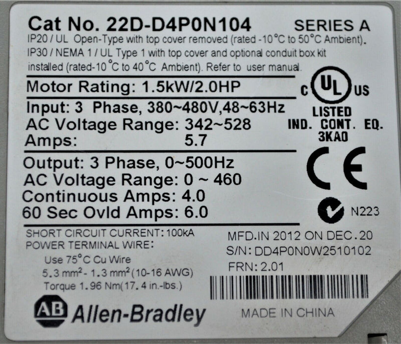 2012 Allen Bradley 22D-D4P0N104 PowerFlex 40P Drive 2 HP Series A Clean