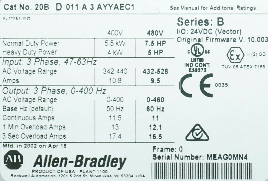 Allen-Bradley 20BD011A3AYYAEC1 PowerFlex700 7.5 HP FRN:10.003