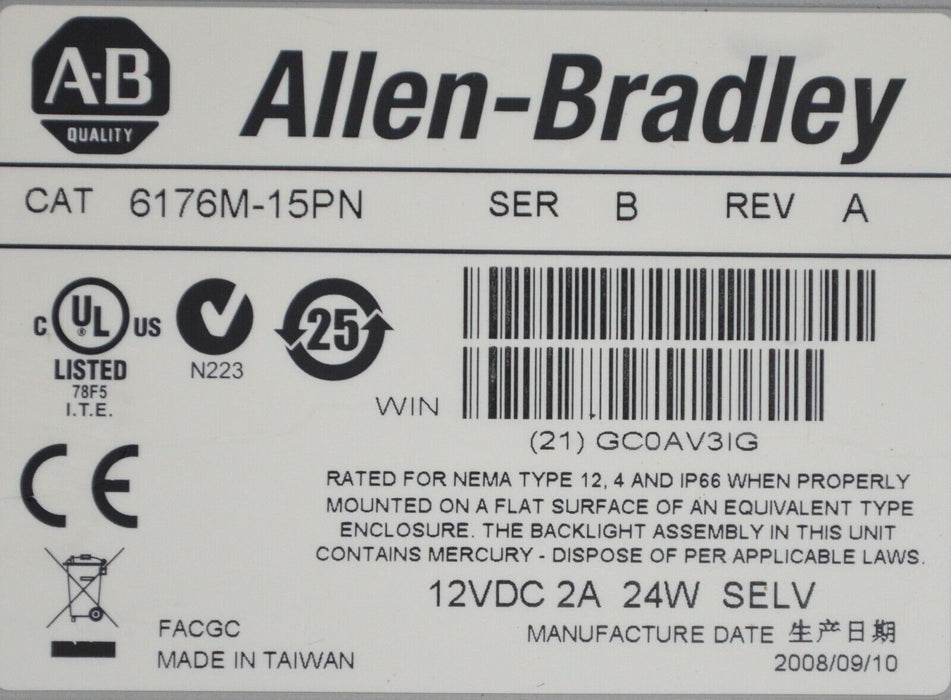 ALLEN BRADLEY VersaView OPERATOR INTERFACE DISPLAY 6176M-15PN SER B REV. A