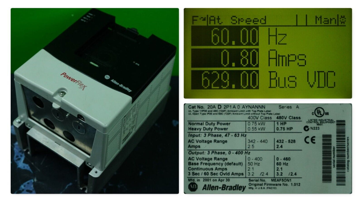 Allen-Bradley PowerFlex 70 1HP 20AD2P1A0AYNANNNN 480 VAC FRN:1.012 Tested