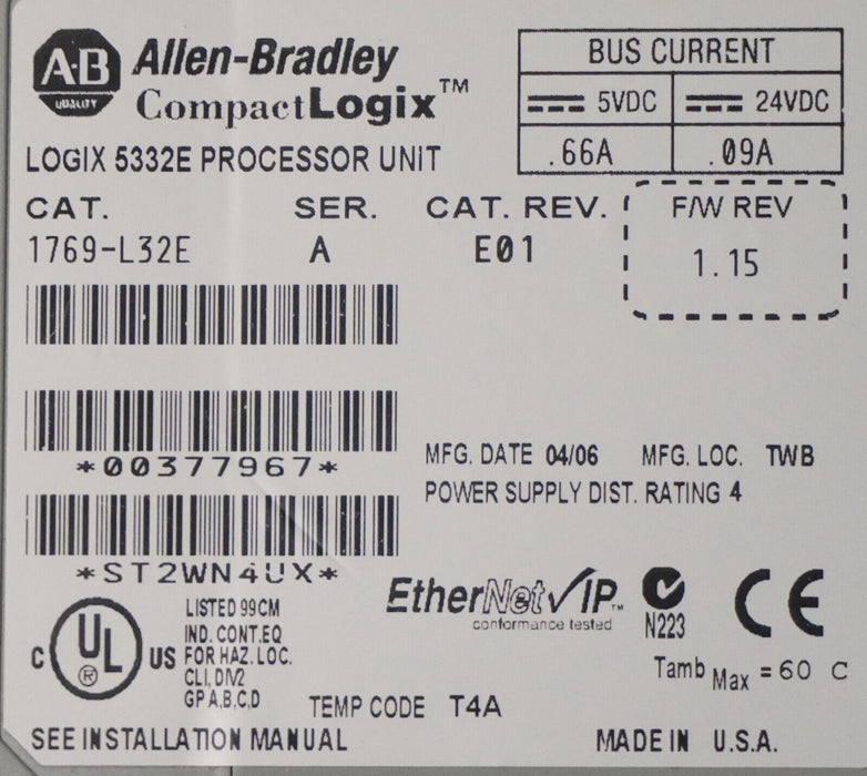 Allen-Bradley 1769-L32E Controller Tested Good FRN:1.15