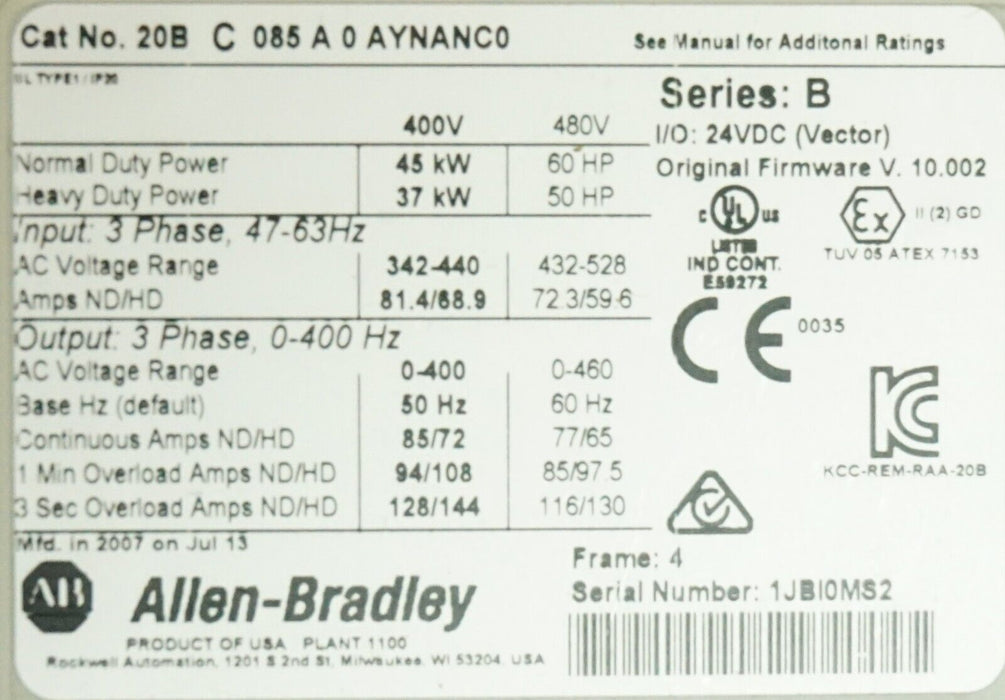 Low Hours Allen-Bradley PowerFlex 700 60 HP 20BC085A0AYNANC0 Series B FRN:4.006