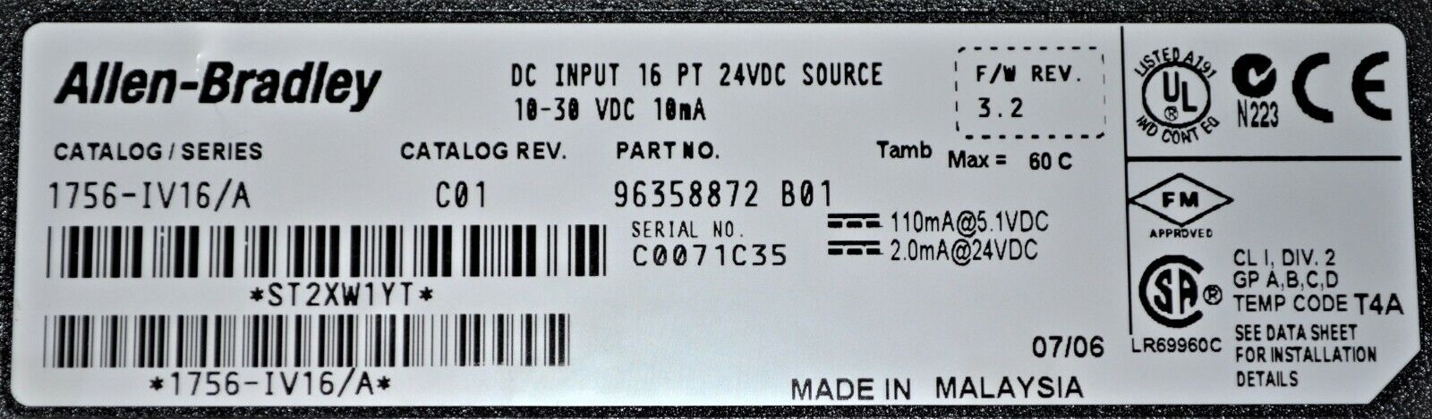 Allen Bradley 1756-IV16 Ser A ControlLogix 16 Pt 24 VDC Source Module FRN: 3.2