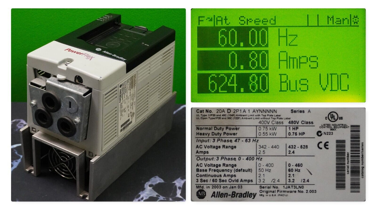 Allen-Bradley 20AD2P1A1AYNNNNN PowerFlex 70 1 HP Series A FRN:2.003 Tested Good