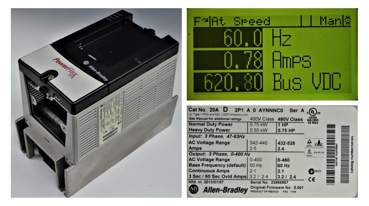 Allen-Bradley 20AD2P1A0AYNNNC0 PowerFlex 70 1 HP 480 VAC FRN 5.001 Tested Good