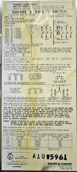 Square D HU361DS Heavy Duty Safety Switch Stainless Steel 30 Amps 3 of 4