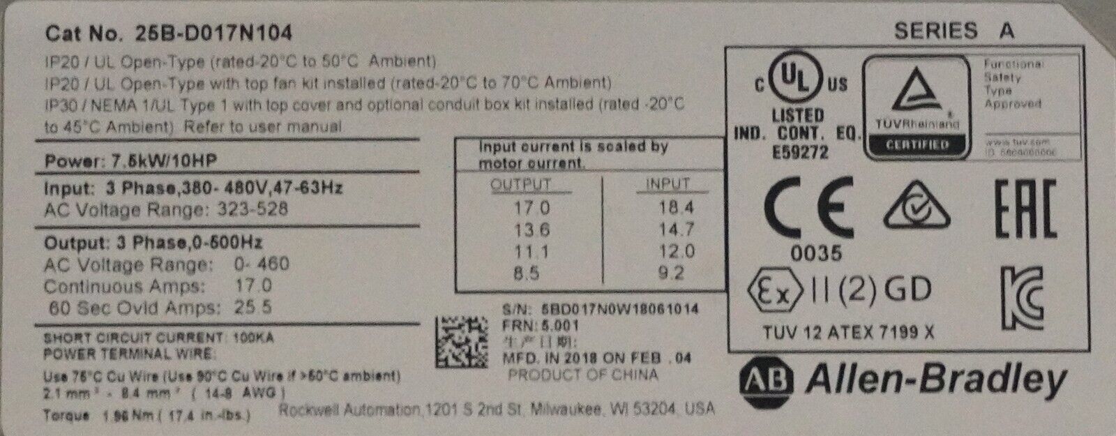 Low Hrs Allen-Bradley 25B-D017N104 PowerFlex 525 10HP AC Drive Tested FRN:5.001