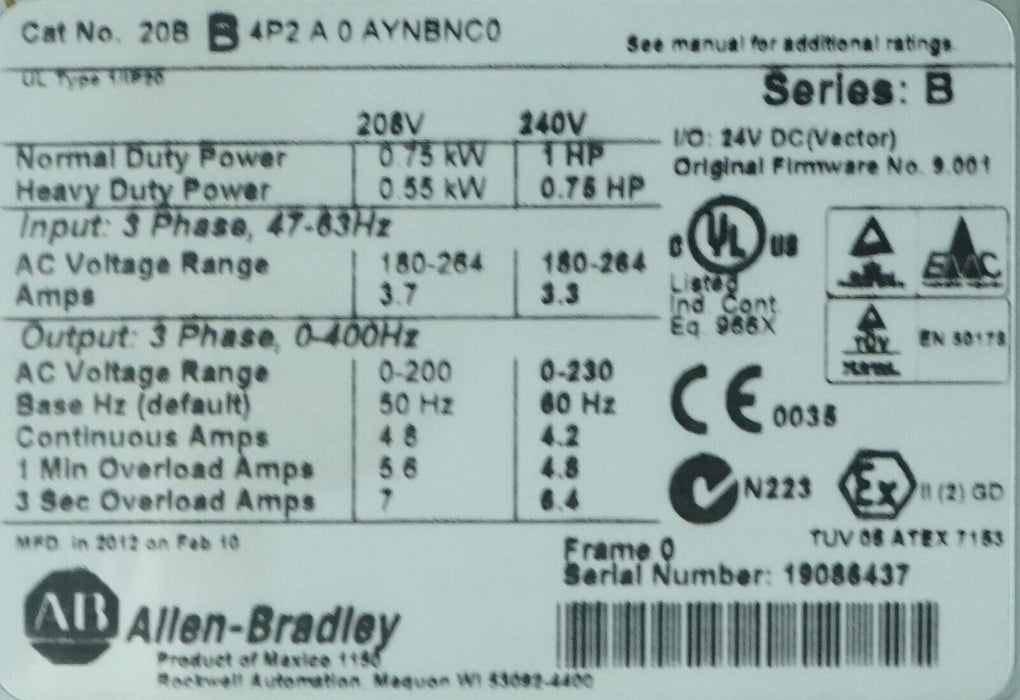 Low Hr Allen Bradley PowerFlex 700 1HP 20BB4P2A0AYNBNC0 240VAC Tested FRN:9.001