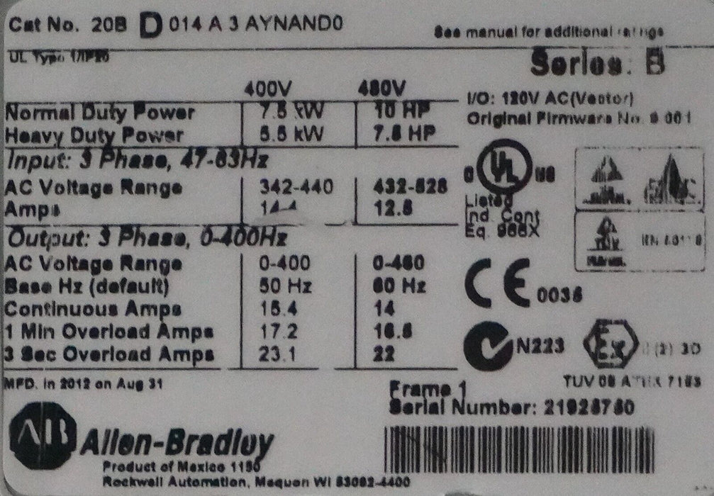 Allen-Bradley PowerFlex 700 10HP 20BD014A3AYNAND0 480VAC FRN:9.001