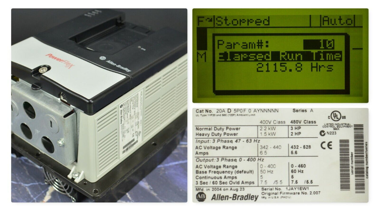 Allen-Bradley PowerFlex 70 3 HP 20AD5P0F0AYNNNNN 480 VAC Tested Good  FRN 2.009