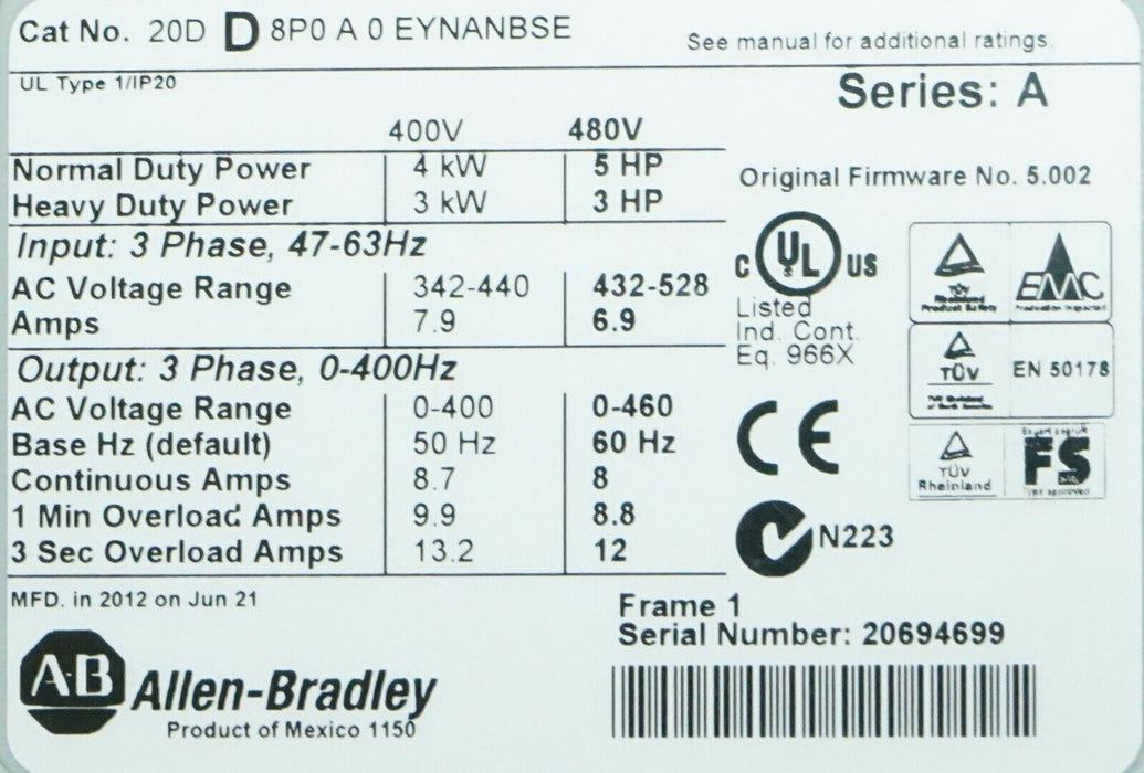 New Allen Bradley Powerflex 700S 20DD8P0A0EYNANBSE 5HP FRN:5.002