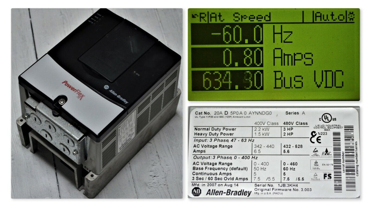 Low Hours Allen-Bradley PowerFlex 70 3 HP 20AD5P0A0AYNNDG0 480VAC Tested Good