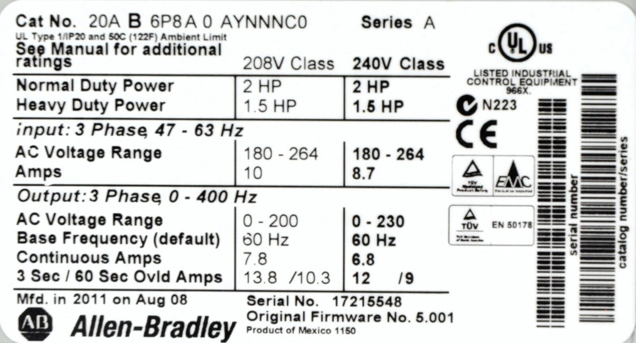 NEW Allen-Bradley PowerFlex 70 2HP 20AB6P8A0AYNNNC0 Series A FRN: 5.001