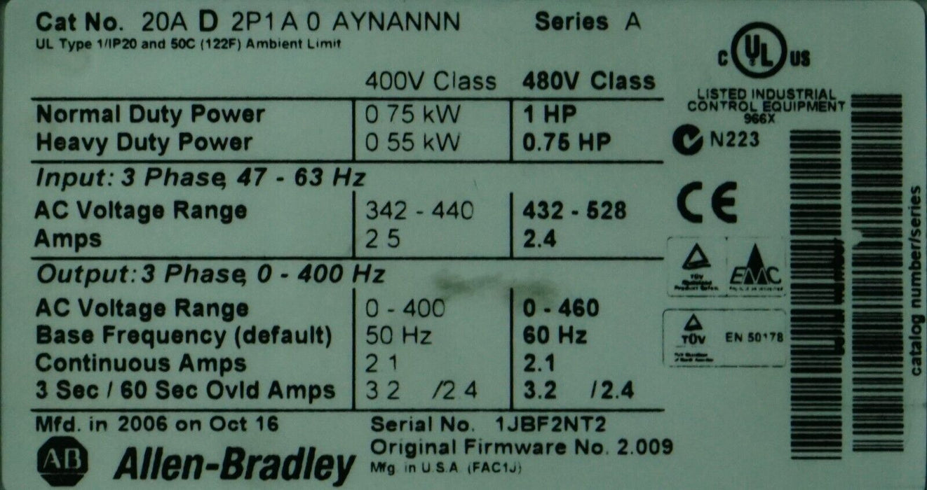 Allen-Bradley PowerFlex 70 1HP 20AD2P1A0AYNANNNN 480 VAC FRN:2.009 Tested