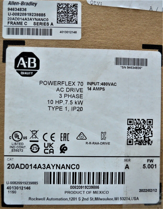 NEW 2022 Allen-Bradley 20AD014A3AYNANC0 PowerFlex 70 10 HP 480 VAC FRN: 5.001