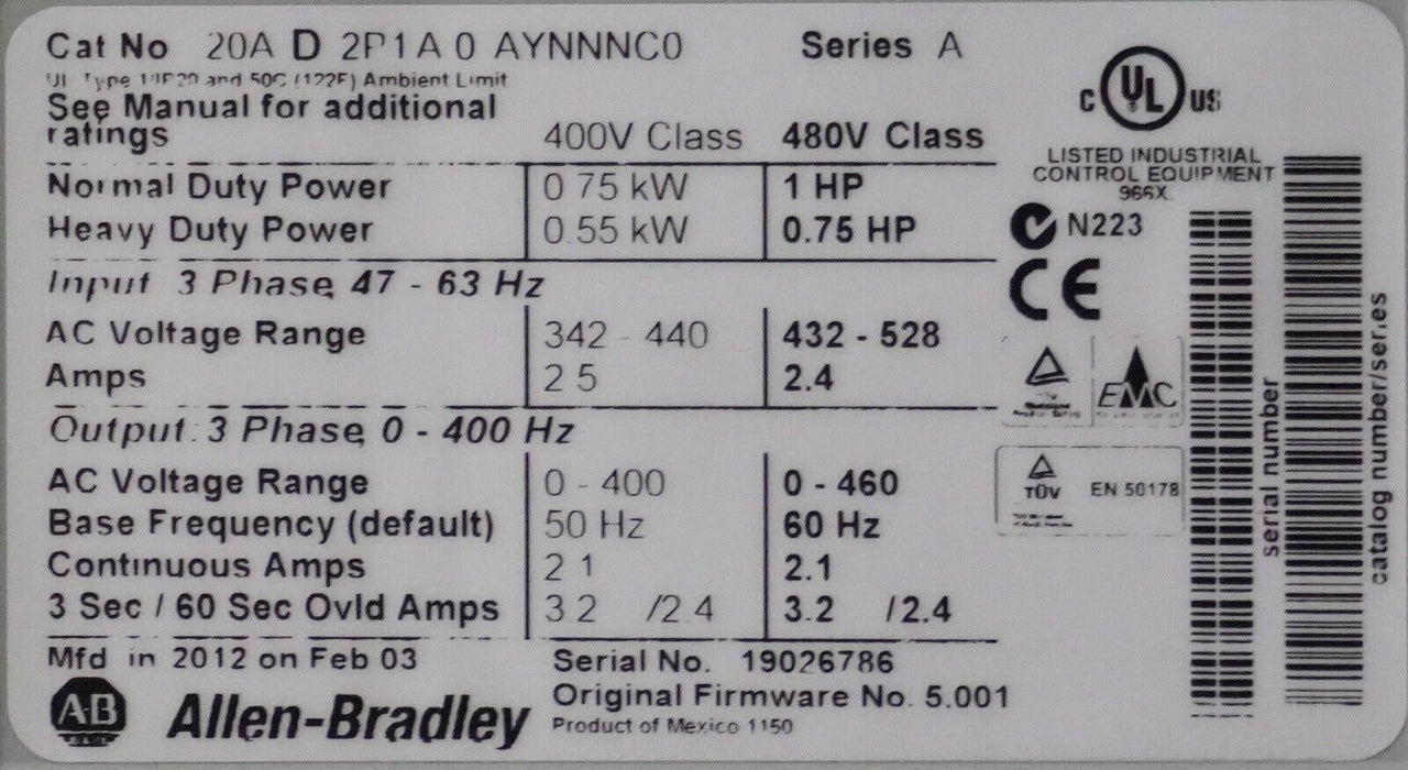 Low Hrs Allen-Bradley 20AD2P1A0AYNNNC0 PowerFlex70 1HP Series A FRN:5.001 Tested