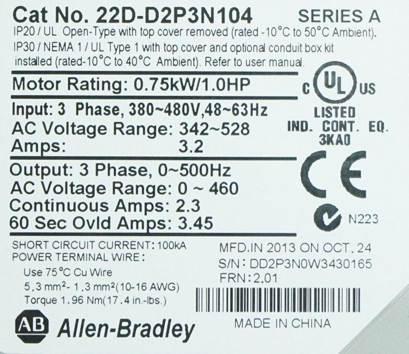 Low Hours Allen-Bradley 22D-D2P3N104 PowerFlex40P FRN:2.01 Series A Tested