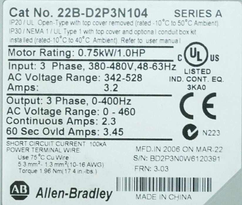 Allen-Bradley 22B-D2P3N104 PowerFlex 40 Drive Series A FRN:3.03 Tested Good