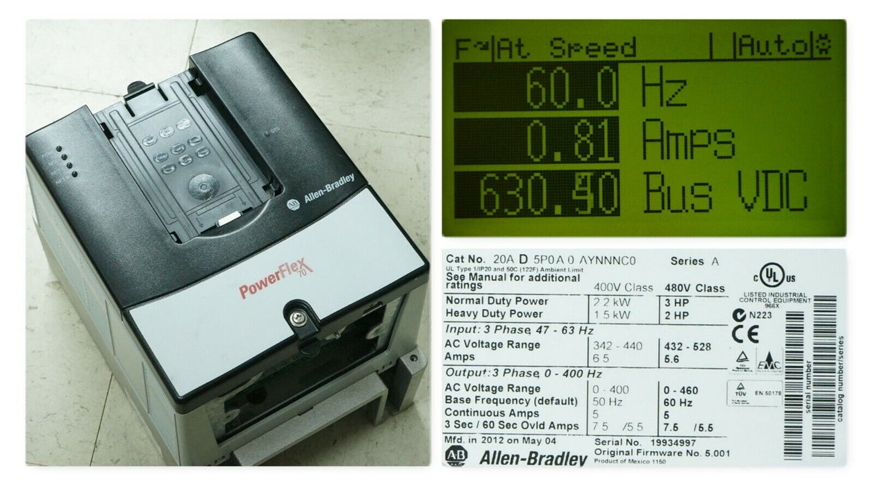 Allen-Bradley PowerFlex 70 3 HP 20AD5P0A0AYNNNC0 Tested Good FRN:5.001