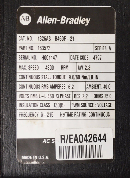 Allen Bradley 1326AS-B460F-21 SER B 480VAC BULLETIN 1326 AC Servo Motor