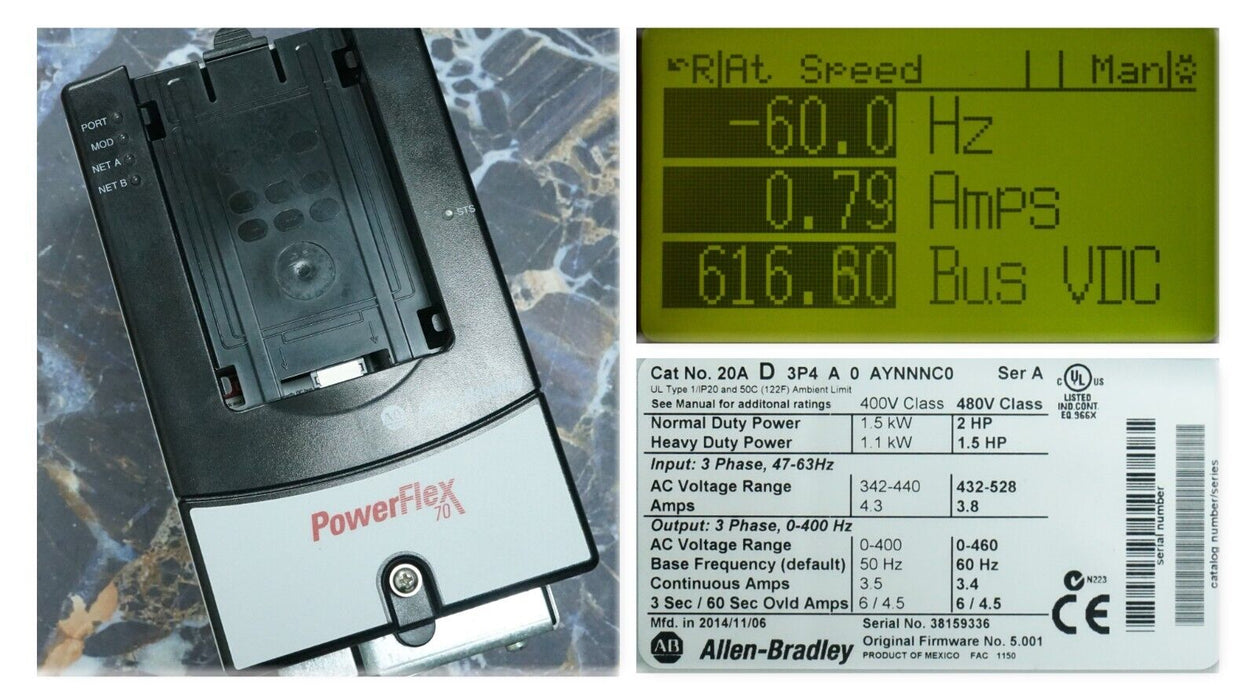 2014 Low Hours Allen-Bradley PowerFlex 70 2HP 20AD3P4A0AYNNNC0/A  480 VAC