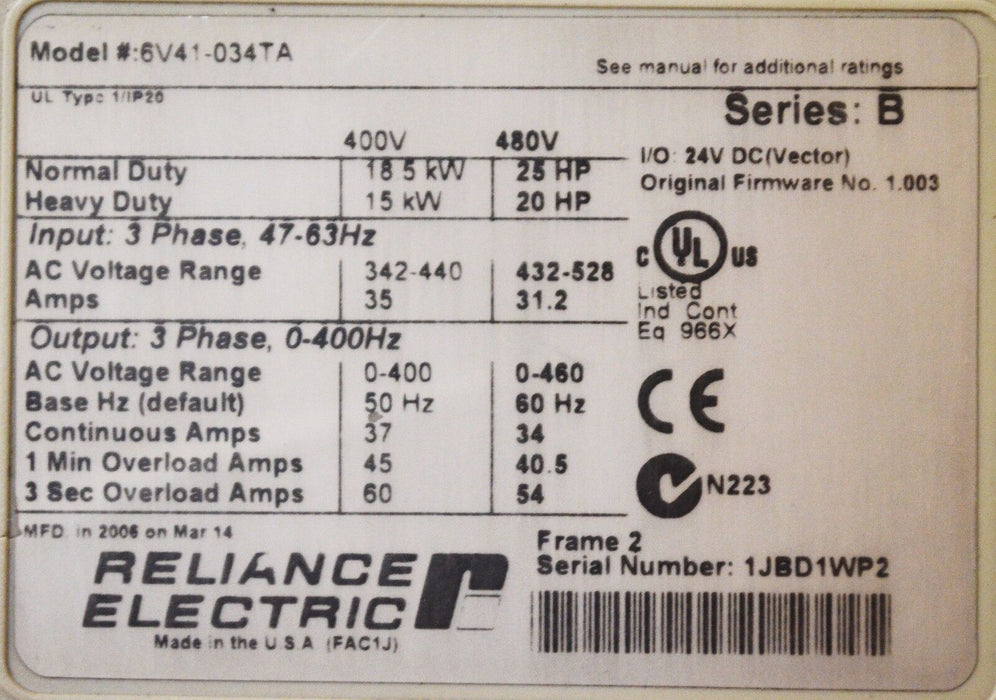 RELIANCE ELECTRIC GV6000  6V41-034TA  25 HP 480 VAC VERSION 1.003 Tested Good