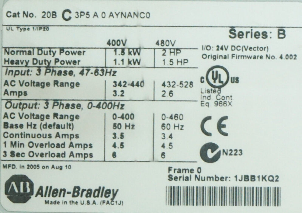 Low Hours Allen-Bradley PowerFlex 700 2HP 20BC3P5A0AYNANC0 400 VAC FRN:4.002